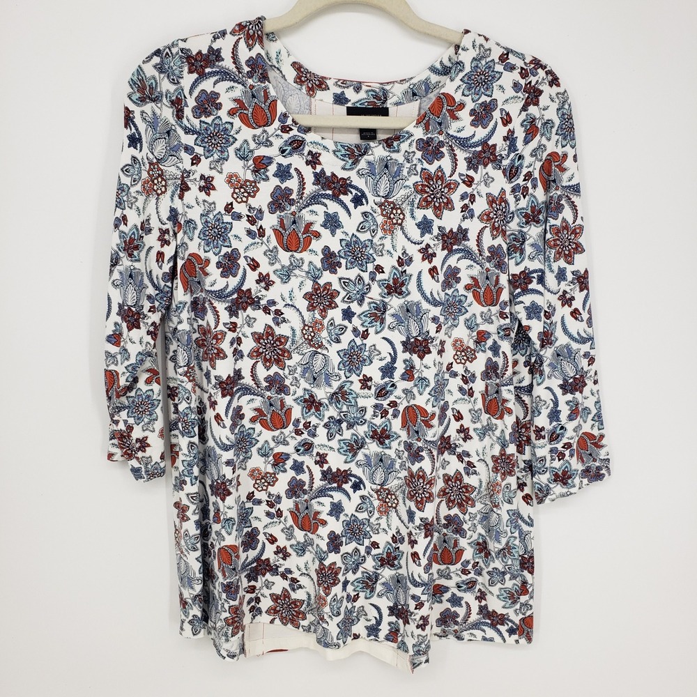 J Jill Floral Paisley Top Womens Small Jersey Knit Button Back 3/4 Sleeve Blue
